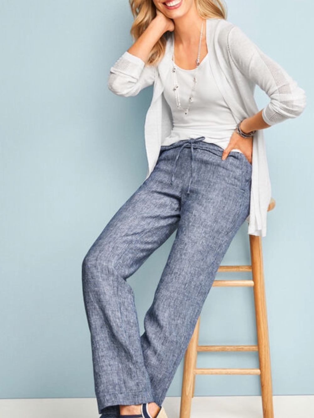 NWT! Talbots Blue Linen Wide Leg Pants Elastic Drawstring Waist Size 2
